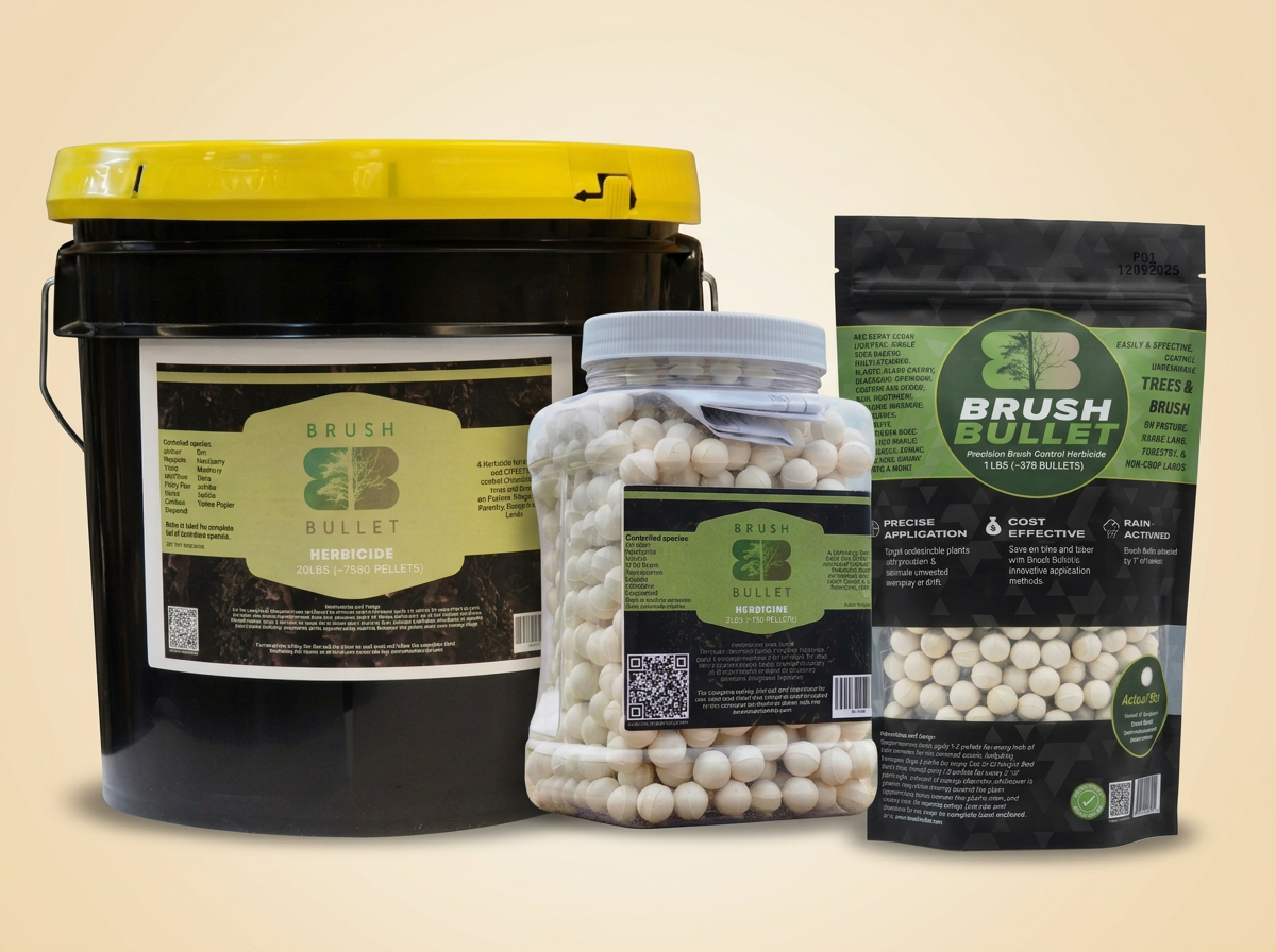 Brush Bullet rain-activated herbicide bundle — bag, jar, and bucket