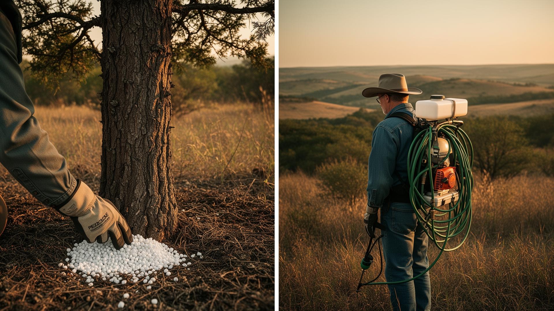 Brush Bullet pellets at the base of a cedar tree compared to a rancher carrying a heavy backpack sprayer